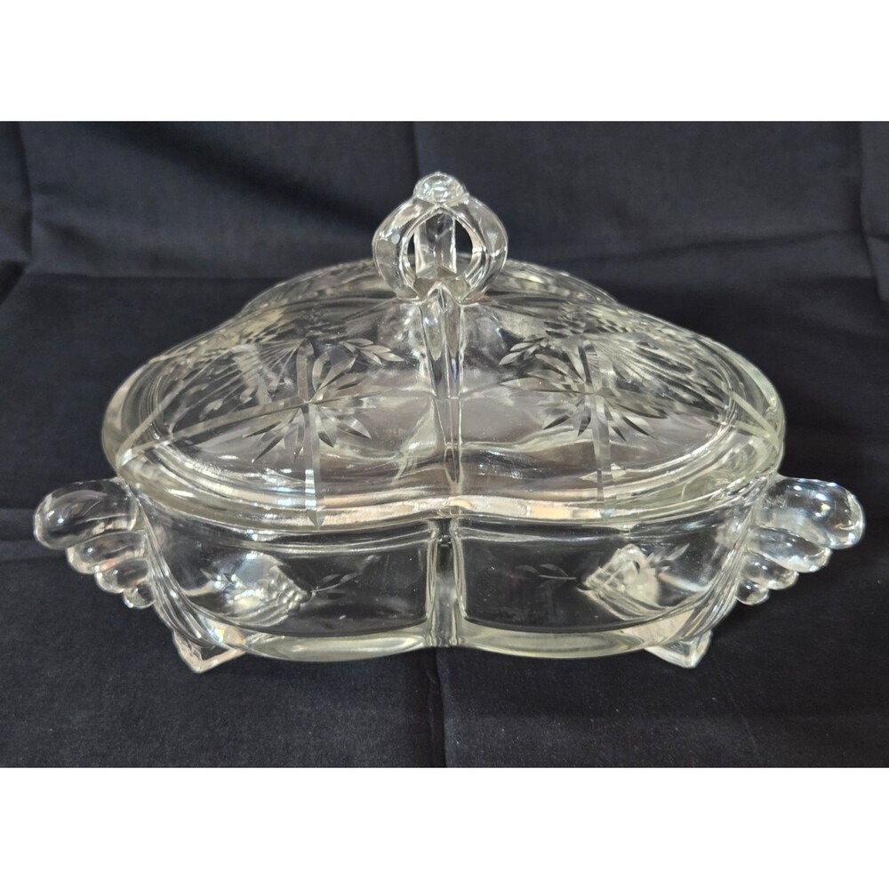 Vtg Etched 1940s New Martinsville Winged Glass Lidded 3 Part Divided Candy Dish